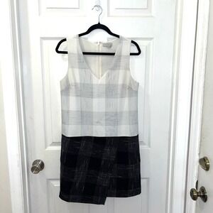 1.‎ STATE Womens 4 Ivory/Black Plaid Sleeveless V-Neck Asymmetrical Shift Dress